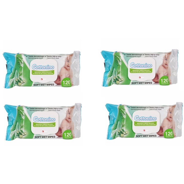 Servetele umede Cottonino 120buc x4, hypoalergenic, Ceai verde si Castravete, pentru piele sensibila