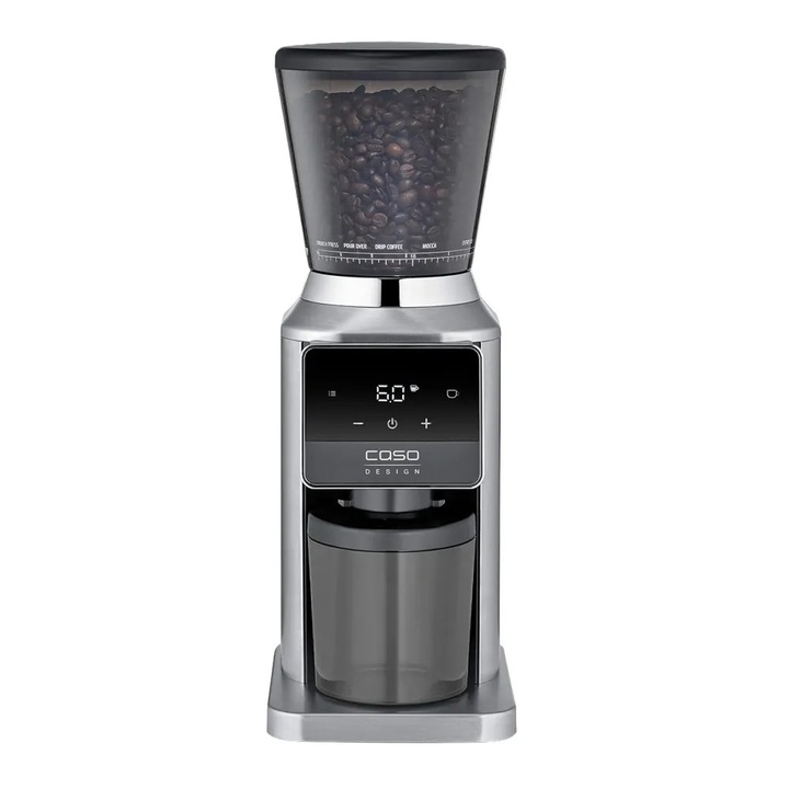 Rasnita electrica de cafea Caso Germany, BaristaChef Pro, rezervor 320 g, 34 grade de macinare, viteza de macinare 500 rpm, tehnologie Zero Retention, functie memorie, 2 suporturi modulare pentru portafiltre, recipient antistatic/etans/detasabil, inox
