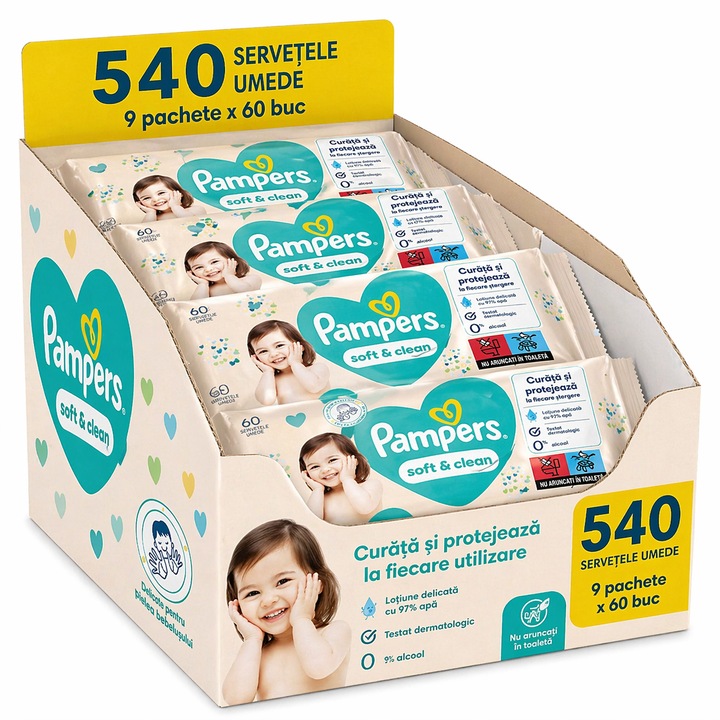 Servetele umede Pampers Soft Clean, set 9 pachete x 60 buc, fara alcool, 540 bucati