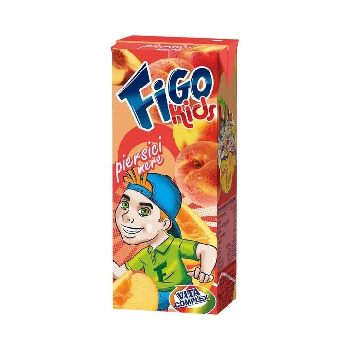 Suc de fructe Figo Kids Piersici si Mere, 200 ml, necarbogazos, cutie cu pai