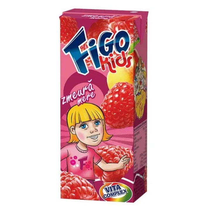 Suc de fructe Figo Kids Zmeura si Mere, 200 ml, necarbogazos, imbogatit cu vitamine