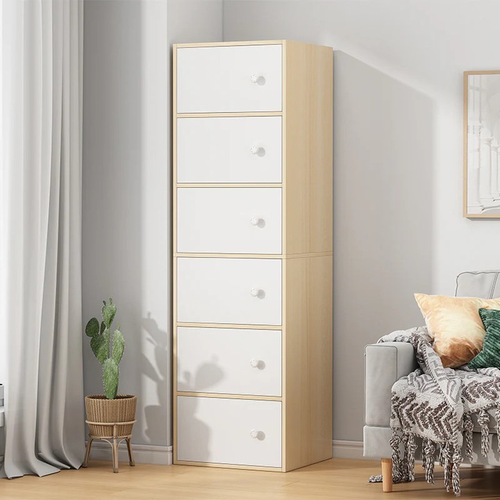 Dulap Vivendo Vertical Alb cu 5-6 Usite Cabinet Depozitare Haine Dormitor Living Birou, alb-natur