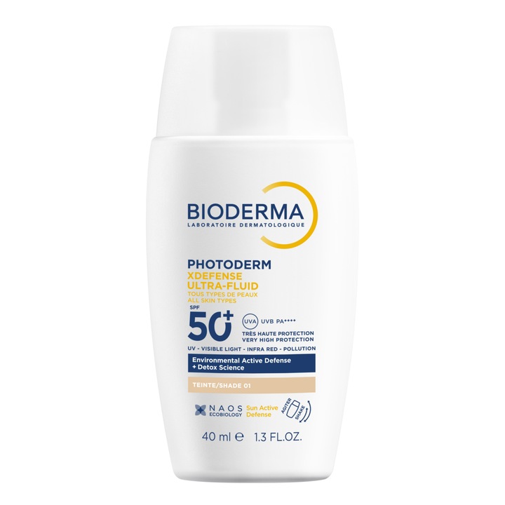 Crema colorata SPF50+ Bioderma Photoderm XDefense Ultra-Fluid Fototip 1 cu efect detoxifiant si protectie UV completa, 40 ml