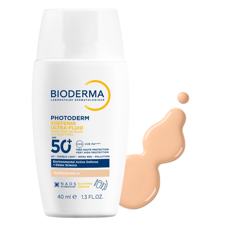 Crema colorata SPF50+ Bioderma Photoderm XDefense Ultra-Fluid Fototip 1 cu efect detoxifiant si protectie UV completa, 40 ml