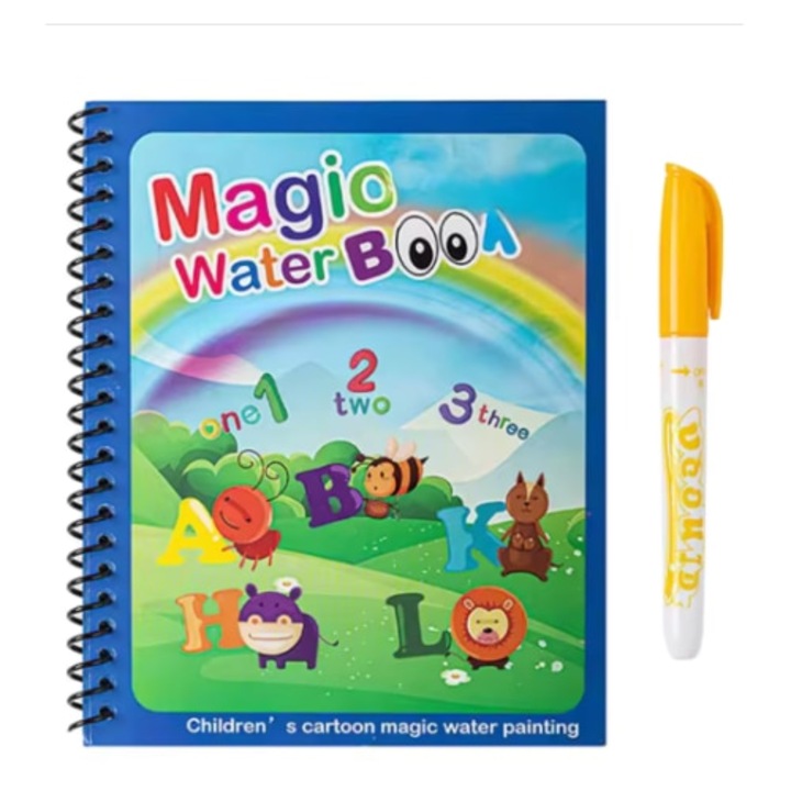 Macvi Magic Book újrafelhasználható színezőkönyv, 8 interaktív oldal ábécével és számokkal, vízzel tölthető tollal, 3 év+
