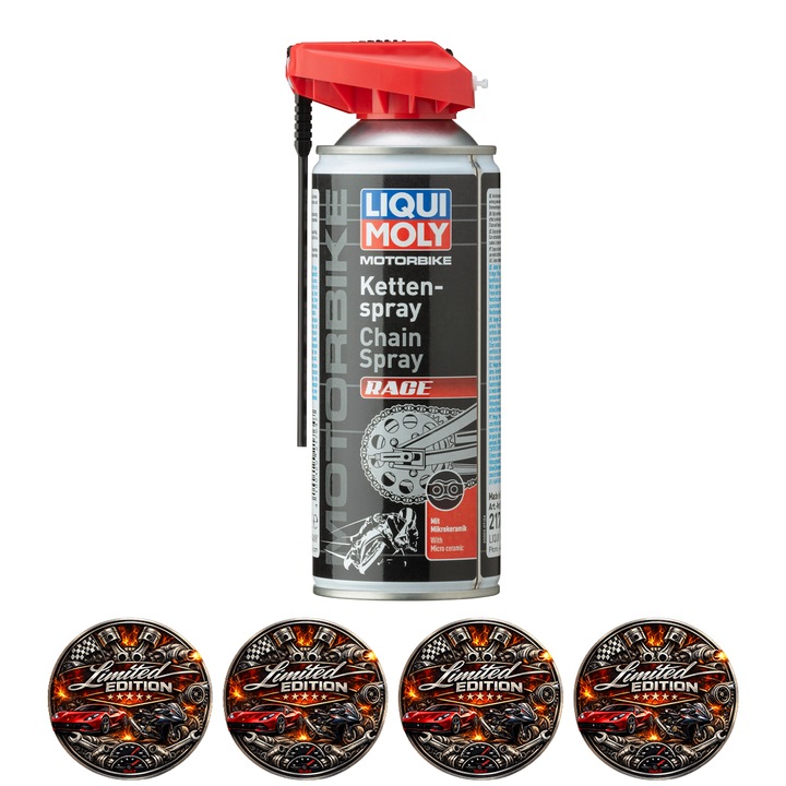 Spray lubrifiant lant moto Liqui Moly Race, protectie uzura si coroziune, rosu, 400ml, set 4 Stickere auto