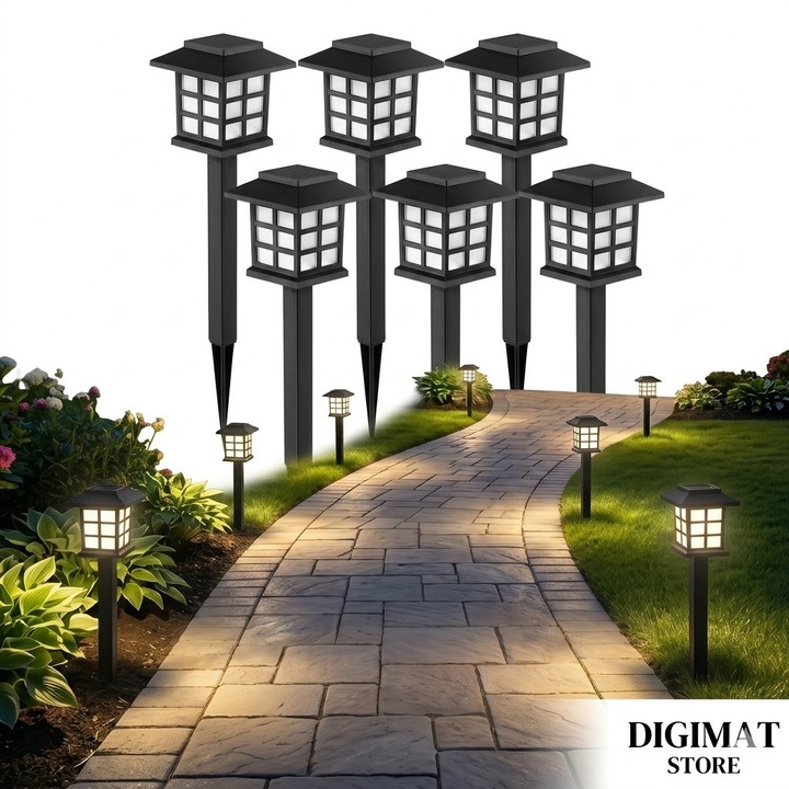 Lampi Solare de Gradina Tip Felinar DIGIMAT®, Set de 6 bucati, Curte/Foisor/Alee/Lumina rece, Senzor Crepuscular Automat, Protectie IP43 Rezistenta la Intemperii, impermeabile, Acumulator 600 mAh, Autonomie 8h, Inaltime 38 cm, Design Elegant Luxury, Negru