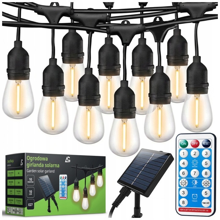 Ghirlandă luminoasă solară LED pentru exterior, ARSA GO, 10 m, 10 becuri E27, telecomandă, IP 65, lumina caldă