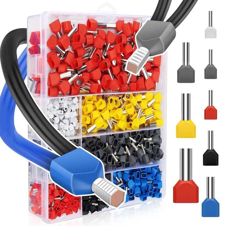 Set pini terminali dubli Onuvio®, 750 bucati, ferrule duble TE 0.5–10mm2 (AWG 22–8), pentru sertizare cabluri electrice, organizator inclus