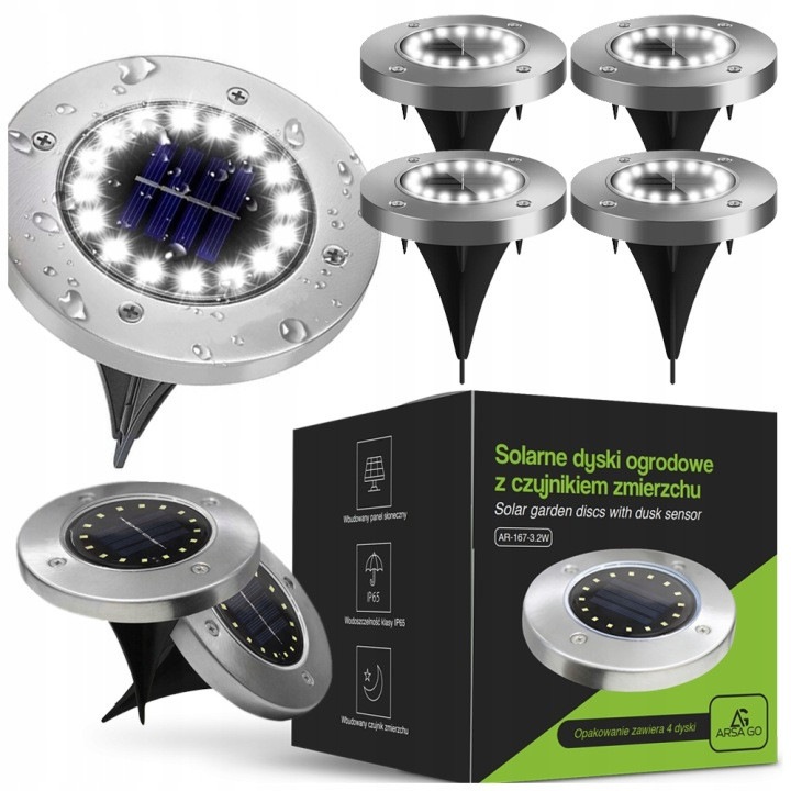 Set 4 lampi solare LED ARSA GO tip disc incastrat, 16 LED, 100 lm, IP65, lumina rece 6500K, senzor crepuscular, acumulator Li-Ion, iluminat exterior gradina, alei, curte, rezistente la apa, argintiu