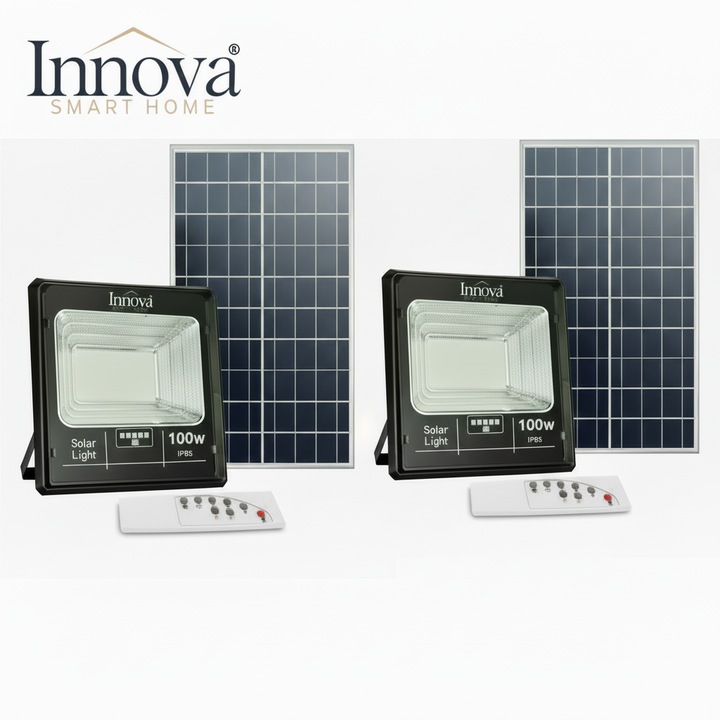Innova 100W szolár projektor szett, 2 db, IP66, 6500K, méretek 198x63x178mm, távirányító