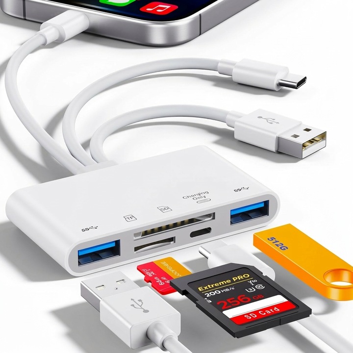 Четец на SD карти XPQKDC® 5 в 1, Универсален USB OTG адаптер за iPhone, iPad, Android, USB C и USB A устройства, Съвместим със SD, Micro SD, SDHC, SDXC, MMC, Бърз трансфер на RAW и JPEG данни
