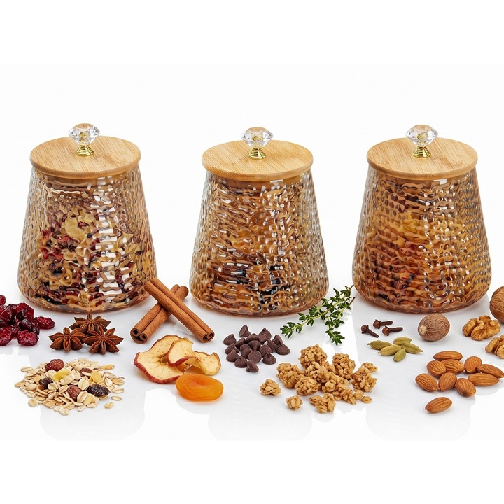 3 db Bambusz fedeles Aurov® Boroszilikát üveg tároló, kristállyal, konyhai rendszerező gabonafélékhez, cukorhoz, kekszekhez, egyenként 850 ml, átlátszó arany