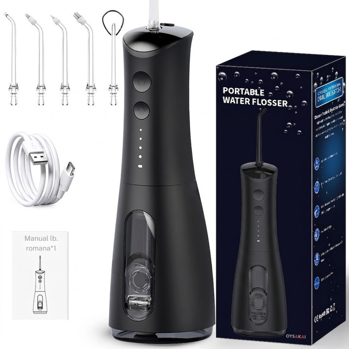 Irigator Bucal, stil Dus bucal Portabil, 1600 Pulsatii/min, 5 Duze Incluse, 4 Moduri de Personalizare Pulsatii, Rezervor 300ml, Incarcare USB-C, Waterproof IPX7, Anti-Slip, din Materiale Non-Toxice, Negru