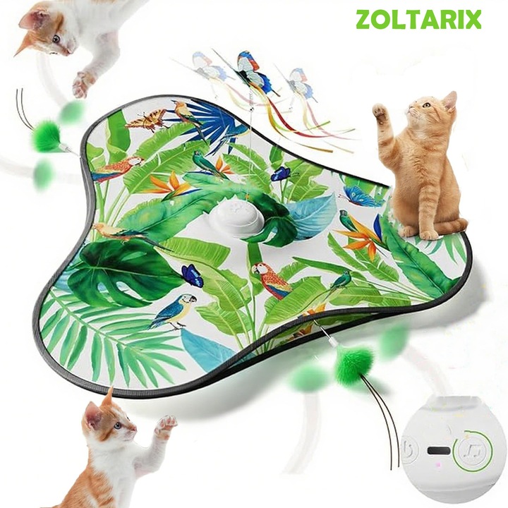 Interaktív macskajátékok beltéri használatra, ZOLTARIX®, vadászatot szimuláló, USB-ről tölthető, Érintésre aktiválódó, Hangokkal, toll kiegészítőkkel, energikus és unatkozó macskáknak egyaránt alkalmas