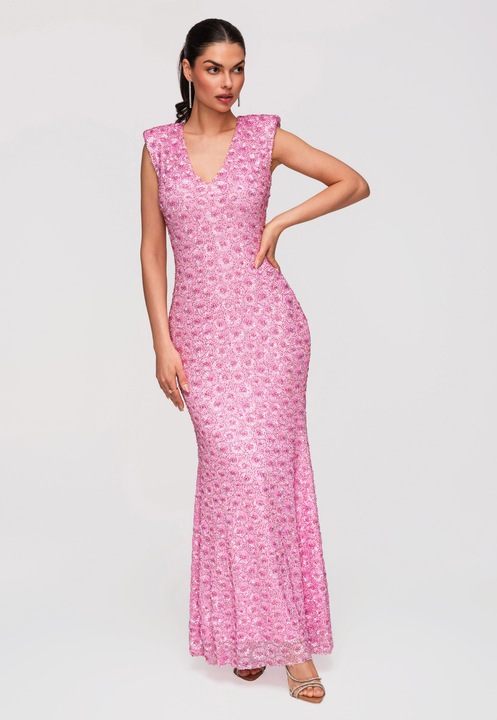LARICA Elegáns, flitteres maxi estélyi ruha, Slim-Fit szabás, Rózsaszín