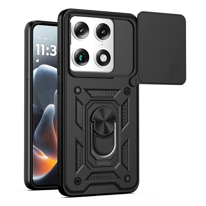 Husa pentru Motorola Signature cu inel rotativ 360 Daden, Camshield series, Hybrid Antisoc, Slider pentru protectia camerei, Negru