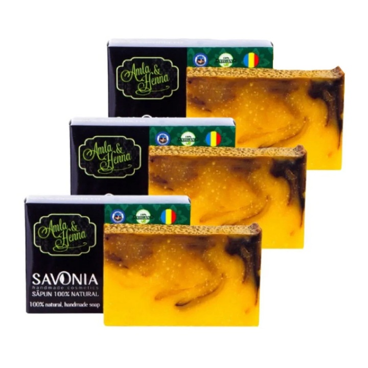 Комплект от 3 броя Твърд натурален шампоан Amla и Henna, Savonia, 90гр всеки, 100% натурален, унисекс
