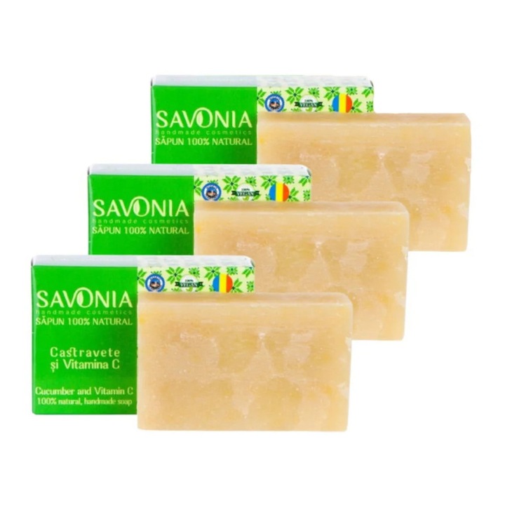 Комплект 3 бр. Натурален сапун Краставица и Витамин C, Savonia, 90гр/бр, Хидратиращ, Освежаващ