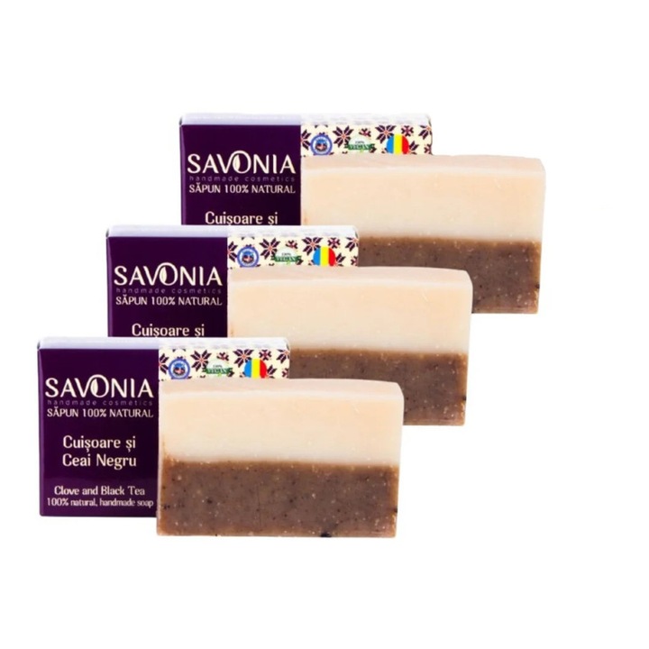 Комплект от 3 броя - Натурален сапун Карамфил и Черен чай, Savonia, 90гр/бр, 100% натурален, за ръце и тяло