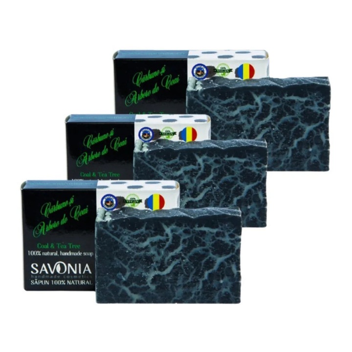 Комплект от 3 бр. Натурален сапун с въглен и чаено дърво, Savonia, 90гр/бр, детоксикиращ, унисекс