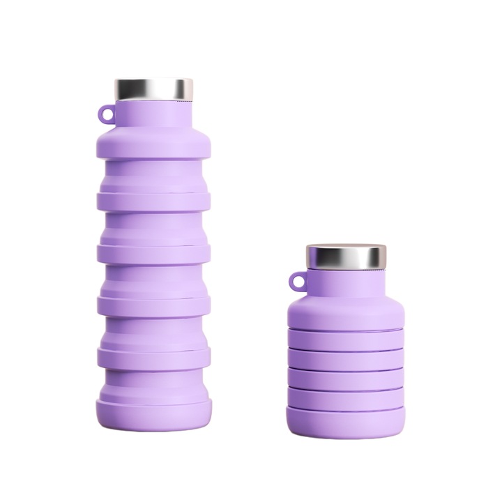 Sticla de apa pliabila, 500 ml, ORBER, usor de transportat, potrivita pentru alergare si fitness, din silicon, 7 x 7 x 10 cm, violet