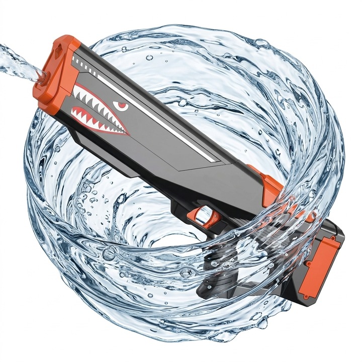 Pistol Electric Cu Apa SharkWaterGun Indiggo@, Dimensiune 50 cm, Jucarie Water Gun pentru Copii si Adulti, Design Rechin, Jet Continuu Puternic 8 Metri, Rezervor Detasabil, Reincarcare USB, Ideal Piscina si Plaja, 6 Ani+, Black