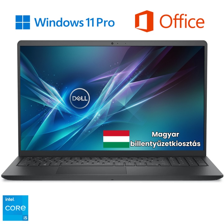 Dell Pro 15 Essential Laptop, Intel Core i5 1334U, 16GB DDR4 Memória, 512GB SSD, 15.6" FullHD kijelző, Fekete, Magyar billentyűzet, Böngésző, Vírusirtó, Windows 11 Pro, Office 24 PRO csomaggal
