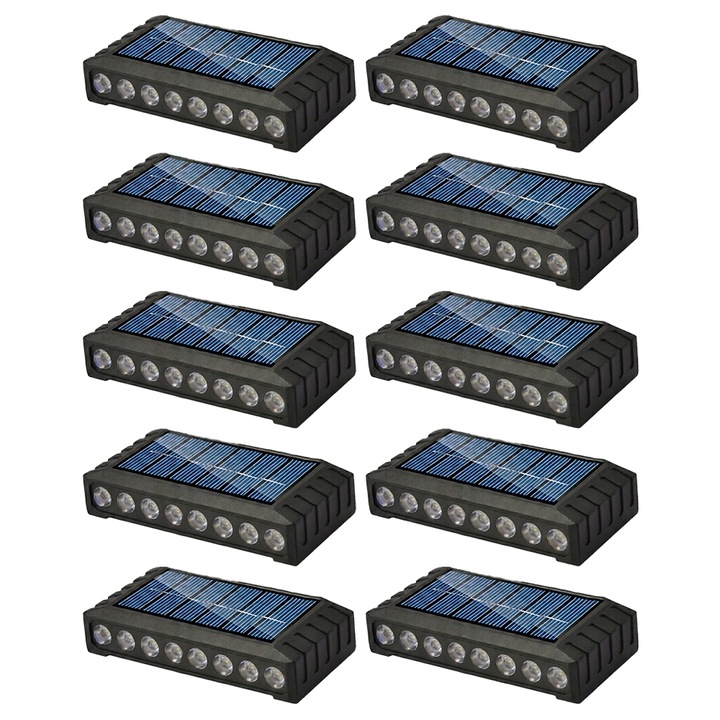 10 db NEXTLY kültéri napelemes lámpa szett, 16 LED, meleg fény, fényérzékelő, vízálló, falra/kerítésre szerelhető tiplikkel/ragasztóval, 15.2x5.5x2.5cm, fekete