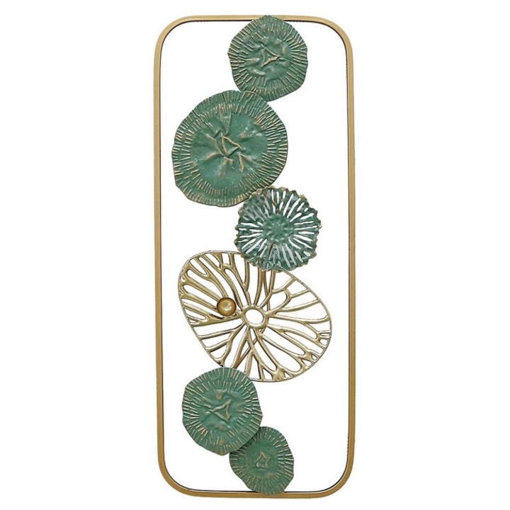 Decoratiune perete fier verde auriu Flowers 25 x 61 cm