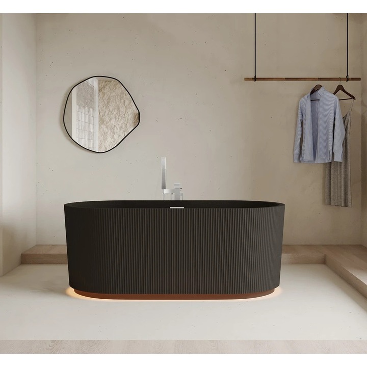 Cada Freestanding, MOBATELIER®, 170x75x58 cm, Cada Acrilica Iluminare LED Integrata, Design Oval Doua Capete, Acril Premium Multistrat 3.5 mm, Finisaj Lucios, Scurgere Centrala Preaplin, Cadru Otel Inoxidabil, Picioare Reglabile, Negru