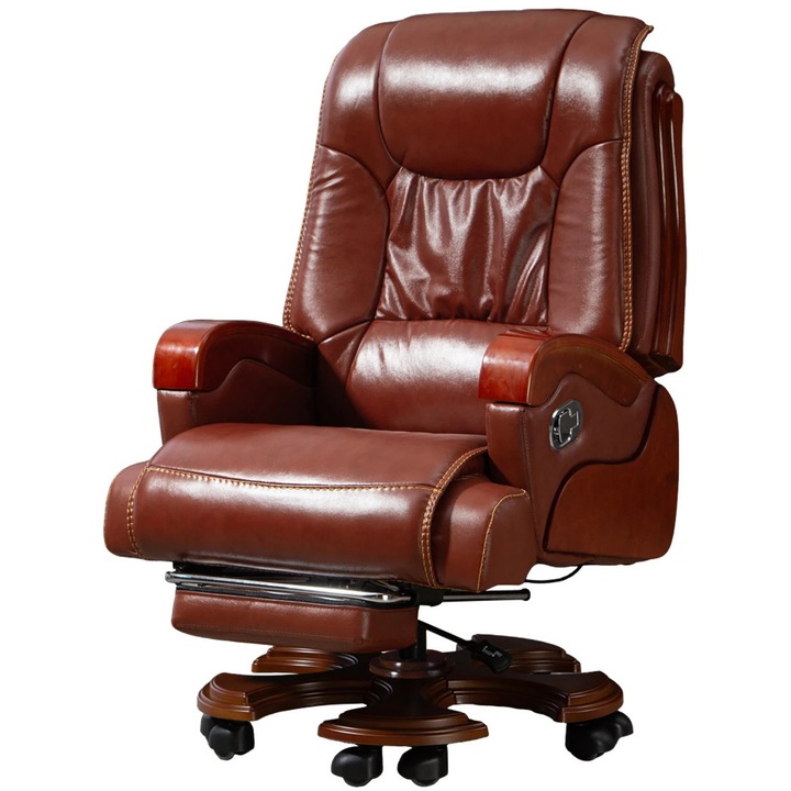 Scaun Directorial, TOPSCAUNE®, Scaun Directorial Cu Masaj In 9 Puncte, Cu Incalzire, Din Piele Naturala, Lemn Masiv, Spatar Rabatabil 90-145°, Functie Sezlong, Suport Picioare Retractabil, Cotiere Lemn Ergonomice, Baza Lemn Masiv, Maro