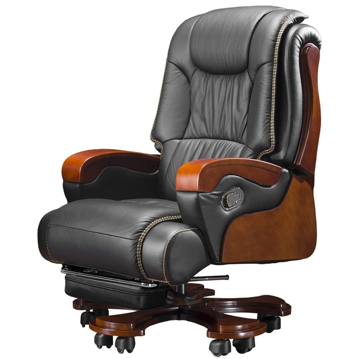 Scaun Directorial, TOPSCAUNE®, Scaun Directorial Cu Masaj In 9 Puncte, Cu Incalzire, Din Piele Naturala, Lemn Masiv, Spatar Rabatabil 90-145°, Functie Sezlong, Suport Picioare Retractabil, Cotiere Lemn Ergonomice, Baza Lemn Masiv, Negru