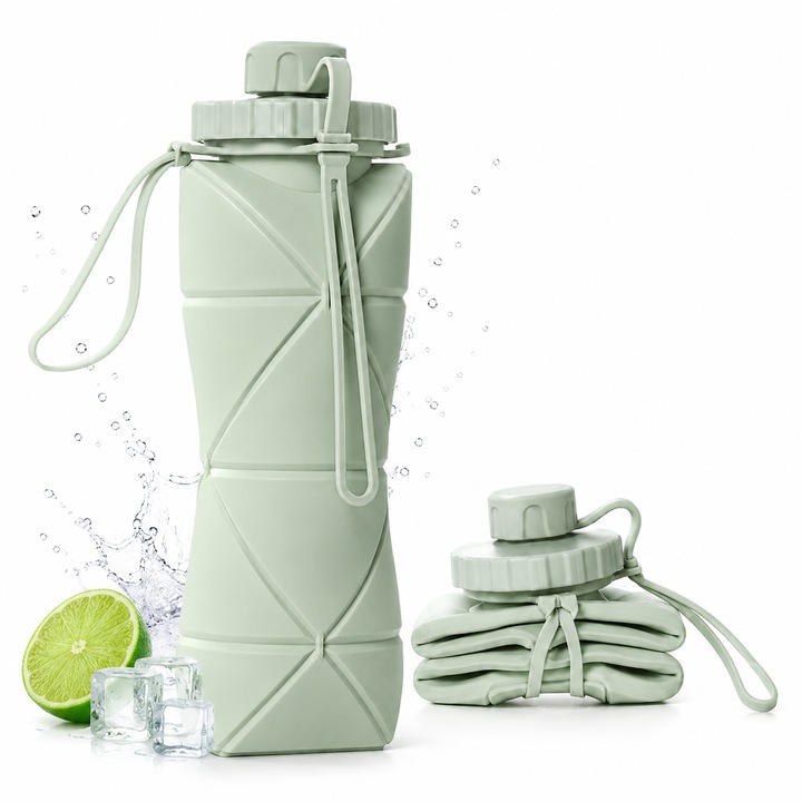 Sticla de apa pliabila din silicon alimentar, 600 ml, etansa si reutilizabila, cu snur de prindere, pentru sport, camping si calatorii, verde