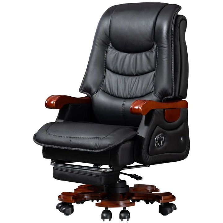 Scaun Directorial, TOPSCAUNE®, Scaun Directorial Cu Masaj 9 Puncte, Incalzire Integrata, Piele Naturala Premium, Lemn Masiv, Spatar Reglabil 90-145°, Functie Sezlong, Suport Picioare Extensibil, Capacitate 150 Kg, Cotiere Lemn, Negru