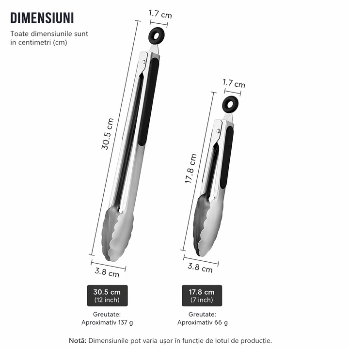 Set 2 clesti de bucatarie din otel inoxidabil, 17.8 cm si 30.5 cm, cu manere antiderapante, argintiu si negru, rezistenti la caldura, pentru gatit, paste, salate, cuptor, gratar, compatibili cu masina de spalat vase, servire la bufete, vadrami
