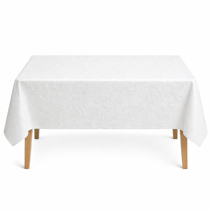 Fata de masa impermeabila alba 100×140 cm PVC, model embosat elegant, anti pete, usor de curatat, pentru bucatarie, interior si exterior