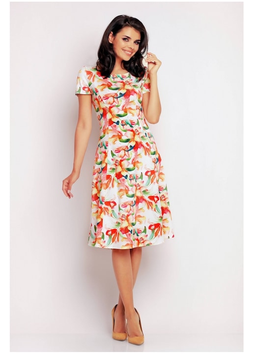 Rochie De Dama, Awama, Model Evazat Tricotat, Imprimeu Floral Portocaliu, 95% Poliester 5% Elastan, Rochie Midi Cu Maneca Scurta, Rochii Elegante De Zi, Tinuta Office Casual, Croiala Clasica, Fabricata In Polonia, Fashion Confortabil, Portocaliu