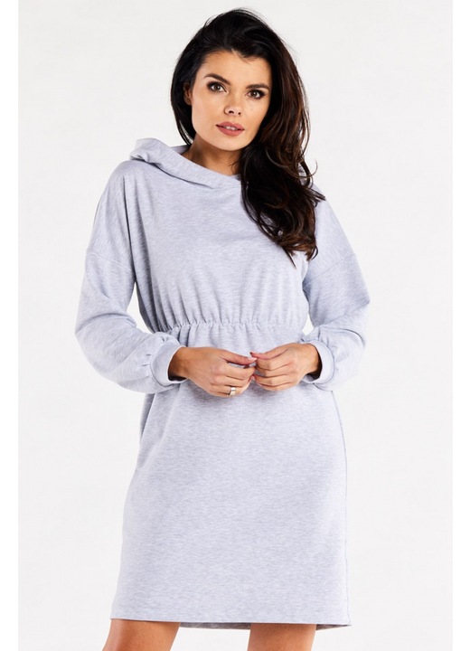 Rochie De Dama, Awama, Model Sport Tip Hanorac Cu Gluga Si Volan, Gri, 95% Bumbac 5% Elastan, Rochie Lejera Cu Maneci Incretite, Rochii Casual De Zi Pentru Femei, Tinuta Moderna Super Confortabila, Fabricata In Polonia, Fashion Urban, Gri