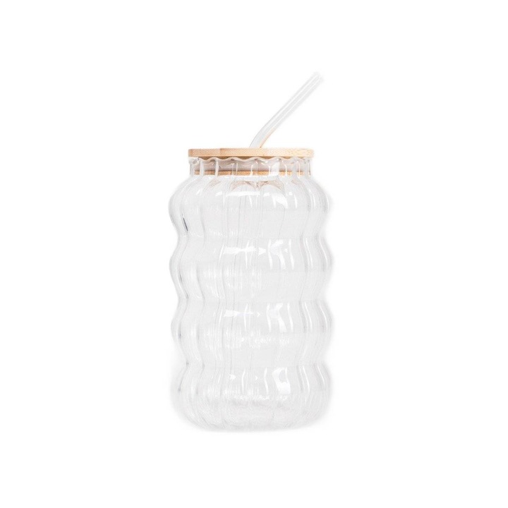 Pahar canelat BUBBLY cu pai, 0,75 l, sticla durabila, transparenta