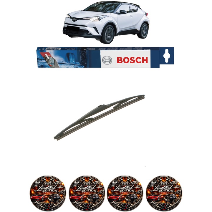 Stergator lamela spate TOYOTA C-HR (X1) din 2016-2019, pentru luneta auto, Bosch Twin, din cauciuc siliconat rezistent, 4x Stickere Auto