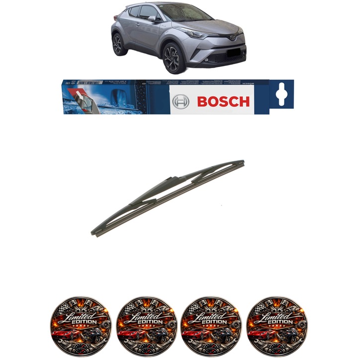 Stergator lamela spate TOYOTA C-HR VAN (X1) din 2016, pentru luneta auto, Bosch Twin, din cauciuc siliconat rezistent, 4x Stickere Auto