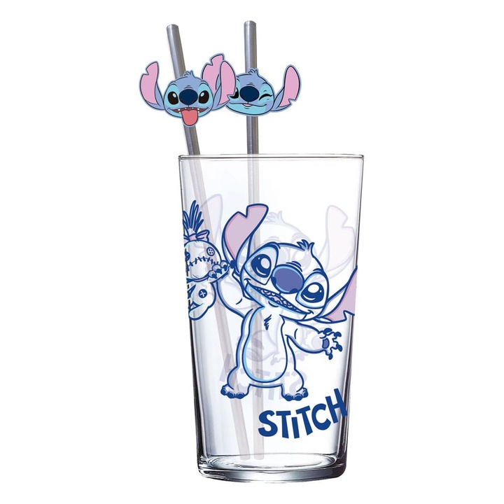Lilo & Stitch pohár fém szívószállal, 485 ml, többszínű, 9x16x9 cm
