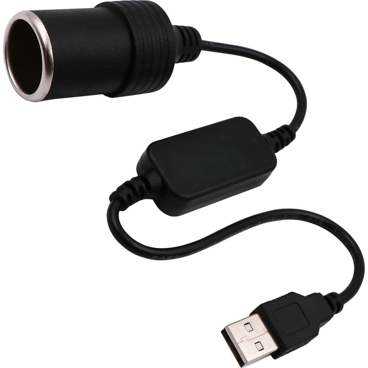 Autós adapter, AFKSMILE, Autós töltő, Szivargyújtó, 5V/12V, 10W Max, Szivargyújtó aljzattal, USB csatlakozóval, Plug and play, Mobiltelefonhoz, Autós DVR-hez, MP3 lejátszóhoz, GPS-hez, 30cm, PVC, Fekete