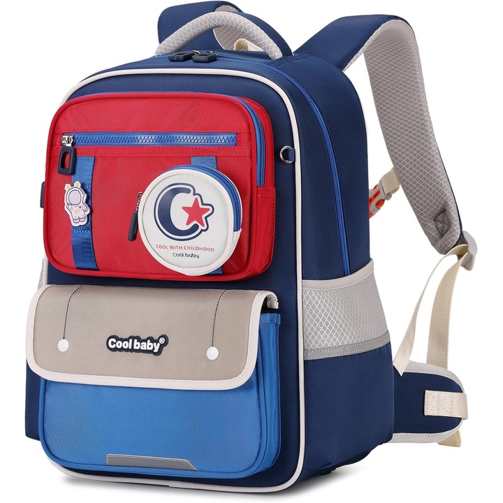 Ghiozdan Scoala Baieti, Ergonomic, Dimensiuni 38x29x15 cm, Capalcitate 16.5L, Impermeabil, pentru Clase Primare (8-12 ani), cu Benzi Reflectorizante, Albastru Rosu
