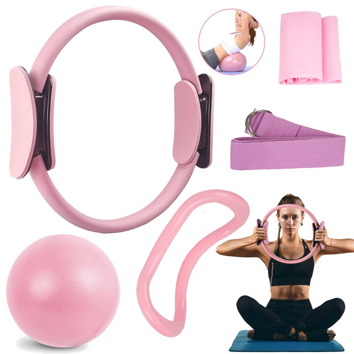 Pilates készlet otthonra nőknek, 5 részes Pilates felszerelés szettel, Pilates karikával és labdával, ellenállási szalagokkal, alapvető Pilates kiegészítők kezdőknek, a teljes test tonizálásához