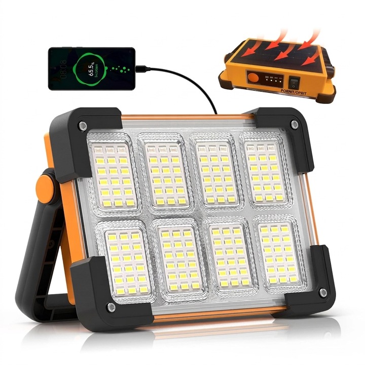 Proiector LED Portabil Leccik® 120W, 10000 Lumeni, 144 LED-uri, Incarcare Solara, 4 Moduri de Iluminare, Protectie IP66, Acumulator Reincarcabil, Ideal pentru Camping si Santier, Portocaliu/Negru