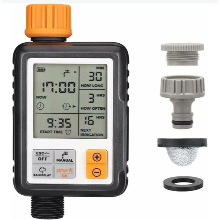 Програматор за напояване, 3" LCD, персонализирани режими, водоустойчив, 1/2" и 3/4" връзки, размери 10x15x22см