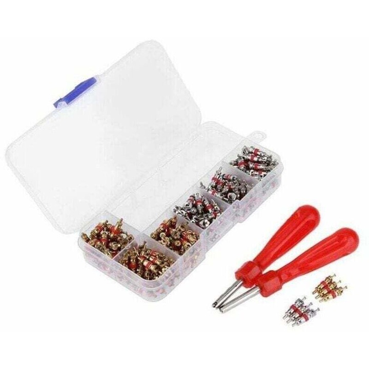 Set de 242 piese pentru valvele anvelopelor auto, 120 nuclee albe, 120 nuclee aurii, 2 unelte pentru valve, 120x65x20mm