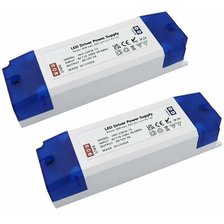 LED трансформатор 12V, 230V към 12V, 3A, вградена защита, комплект от 2 броя